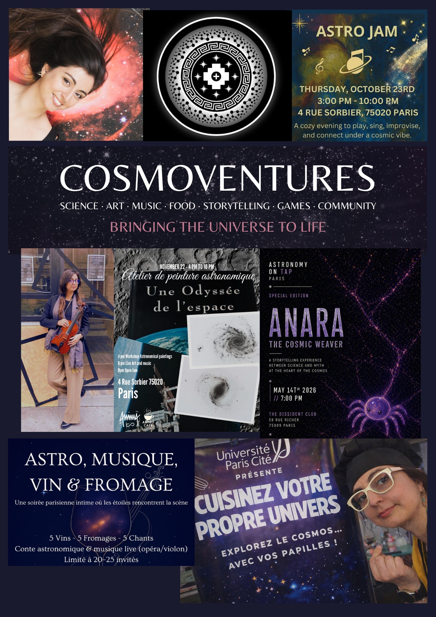 Cosmoventures scientific consulting, education, media, games, music and astronomy projects collage